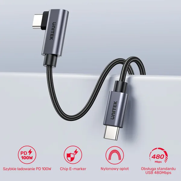 Unitek Kabel USB-C kątowy 90° PD100W 5m zdjęcie 4
