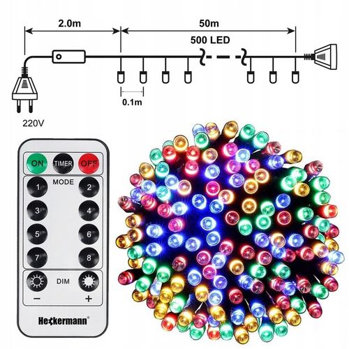 LAMPKI CHOINKOWE ŚWIĄTECZNE ZEWNĘTRZNE WEWNĘTRZNE IP44 MULTIKOLOR 500 LED na Arena.pl