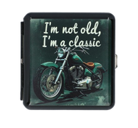 Metalowa Papierośnica z Nadrukiem Zielonego Motocykla w Stylu Retro