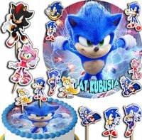 ZESTAW OPŁATEK NA TORT 30CM + TOPPERY PAPIEROWE - SONIC + IMIĘ 24CM 26CM