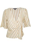 Primark Bluzka z Dodatkiem Lnu w Beżowo-Brązowe Paski  - 38 / M