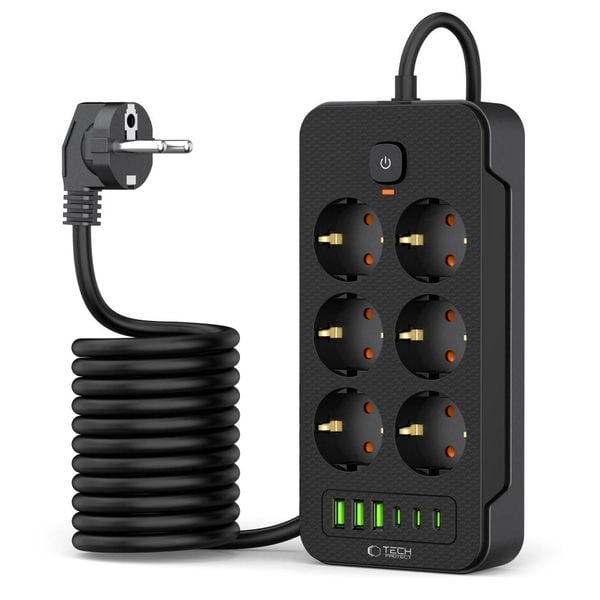 tech-protect pc6x6 power strip 3 usb & 3 type-c & 6 socket 200cm black zdjęcie 2