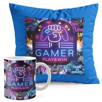 ZESTAW KUBEK + PODUSZKA NIEBIESKA - GAMER GAMEPAD GAMBLING GRY