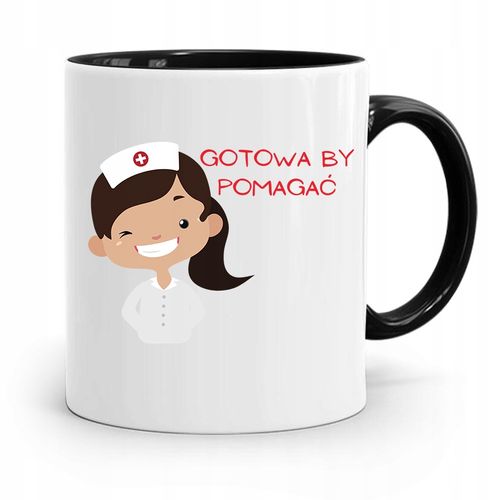 Kubek Czarny Dla Pielęgniarki Gotowa By Pomagać Z Nadrukiem Ze Zdjęciem na Arena.pl