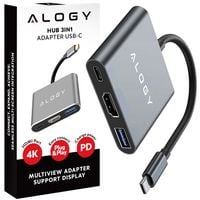 adapter przejściówka hub 3w1 usb-c na hdmi usb-a usb-c 4k 60hz alogy szary