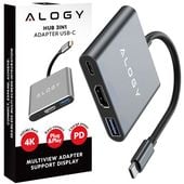 adapter przejściówka hub 3w1 usb-c na hdmi usb-a usb-c 4k 60hz alogy szary