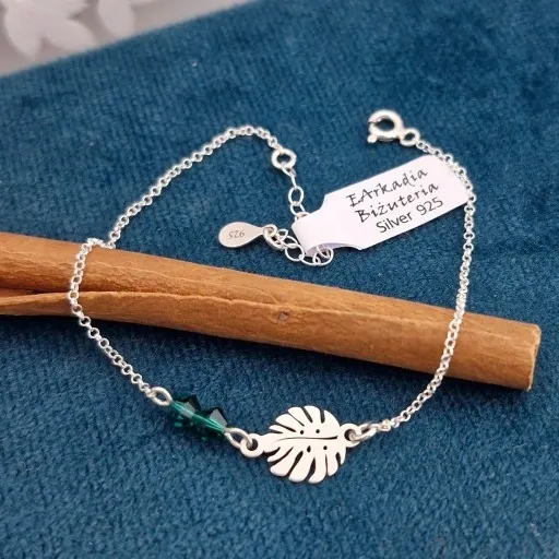 BRANSOLETKA SREBRNA LIŚĆ MONSTERA I KR. SWAROVSKI SREBRO 925 zdjęcie 2