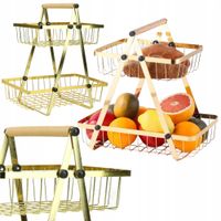 METALOWY KOSZYK DWUPOZIOMOWY NA OWOCE I WARZYWA ZŁOTY Z DREWNIANĄ RĄCZKĄ