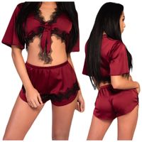 SATYNOWY KOMPLET NOCNY Z KORONKĄ PIŻAMA Z SATYNY TOP SPODENKI L/XL