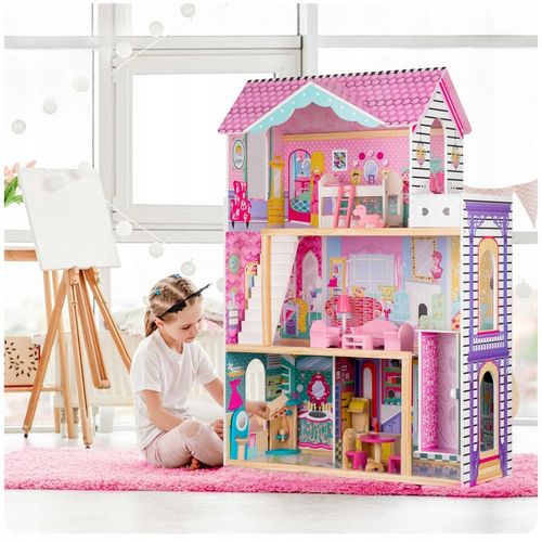 XXL DUŻY DREWNIANY RÓŻOWY DOMEK DLA LALEK MEBLE WINDA AKCESORIA LED na Arena.pl