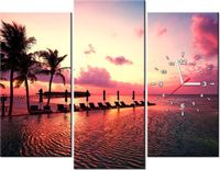 90CM 70 ZEGAR 3 ELEM ZACHÓD SŁOŃCA RÓŻU PLAŻY MALEDIWACH SCIENNY DRUK