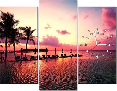 90CM 70 ZEGAR 3 ELEM ZACHÓD SŁOŃCA RÓŻU PLAŻY MALEDIWACH SCIENNY DRUK na Arena.pl