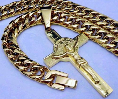 GRUBY ZŁOTY ŁAŃCUCH ŁAŃCUSZEK Z KRZYŻYKIEM STAL CHIRURGICZNA PREMIUM 9MM na Arena.pl