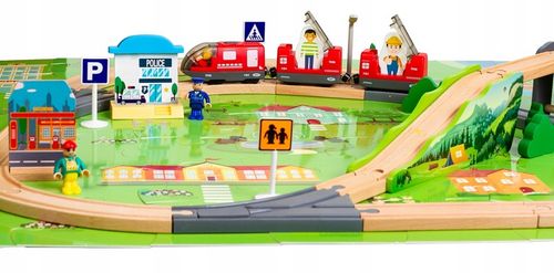 OGROMNA DREWNIANA KOLEJKA ELEKTRYCZNA 2x POCIĄG na baterie TOR MIASTO DŹWIG na Arena.pl