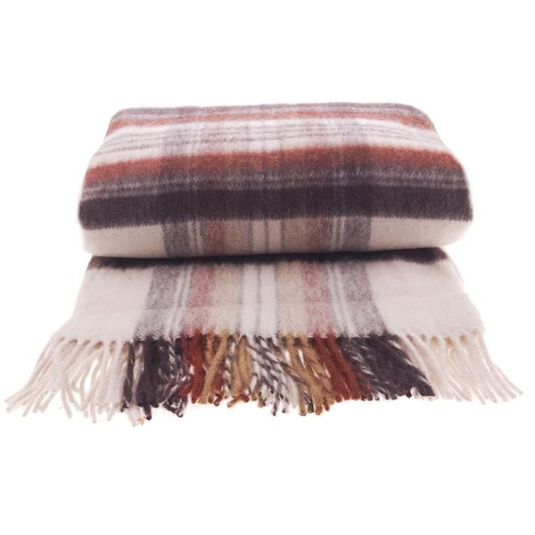 Koc wełniany z frędzlami 100% WEŁNA mała krata brązowa zdjęcie 1