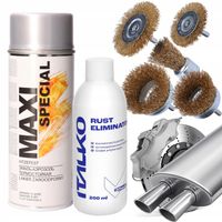 ZESTAW LAKIER FARBA SREBRNA ŻAROODPORNA DO TŁUMIKÓW + ODRDZEWIACZ, SZCZOTKI