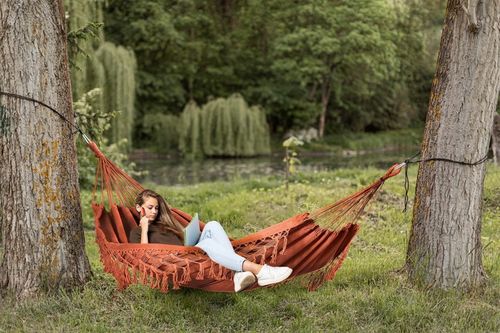 DUŻY DWUOSOBOWY MOCNY HAMAK OGRODOWY BOHO MAKRAMA MIDAS 150x200 XXL KARMEL na Arena.pl