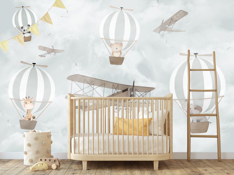 Fototapeta Dla Dzieci ZWIERZĘTA Balony Samolot Vintage 135cm x 90cm zdjęcie 8