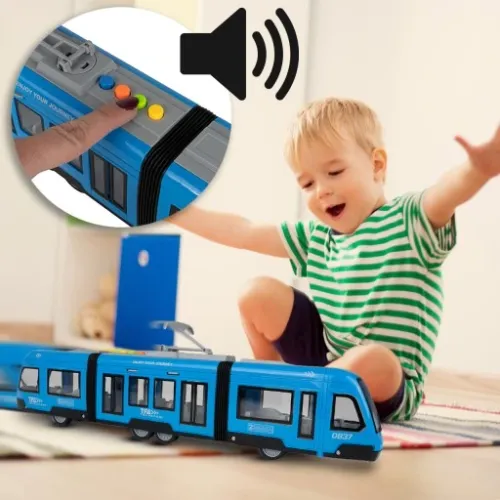 TRAMWAJ TROLEJBUS ZABAWKA NA BATERIĘ ŚWIATŁO DŹWIĘK OTWIERANE DRZWI 44CM na Arena.pl