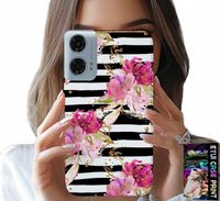ETUI DO MOTOROLA MOTO G35 - KWIATKI W CZARNO - BIAŁE PASKI WZORY