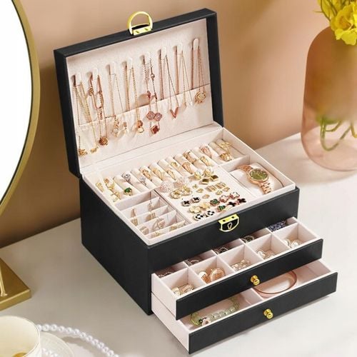 SZKATUŁKA NA BIŻUTERIE Z SZUFLADKAMI CZARNA ORGANIZER TRZY POZIOMY na Arena.pl