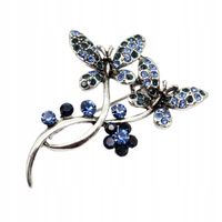 Piękna efektowna broszka z cyrkoniami niebieskie motylki na kwiatku 5cm