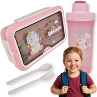 Lunchbox pojemnik do szkoły + sztućce bidon różowy siedzący jednorożec