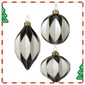 Czarno-białe Szklane Bombki Choinkowe MIX Wzorow 6szt 8cm Kształtki Szklane