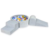 Piankowy plac zabaw z basenem okrągłym 90x30 Velvet soft jasnoszary + 200 piłek (jasny błękit, żółte, wrzos, pudrowy róż, białe)