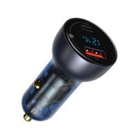 ładowarka samochodowa usb + usb-c 65w quick charge ekran lcd szary