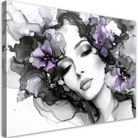 Obraz czarno biały do salonu sypialni, Kobieta i fioletowe 100x70