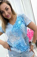 Bluzka Damska Blue z Krótkim Rękawem Niebieska Koronka 44
