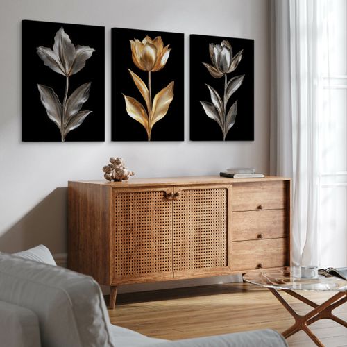 Obrazy Do Sypialni Set Złote Srebrne Kwiaty Natura Styl Glamour 90cm x 40cm na Arena.pl