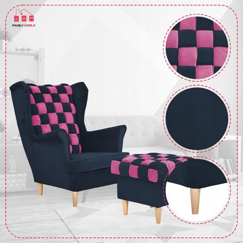 Fotel uszak Carol Duo z podnóżkiem skandynawski Family Meble różowy granat na Arena.pl