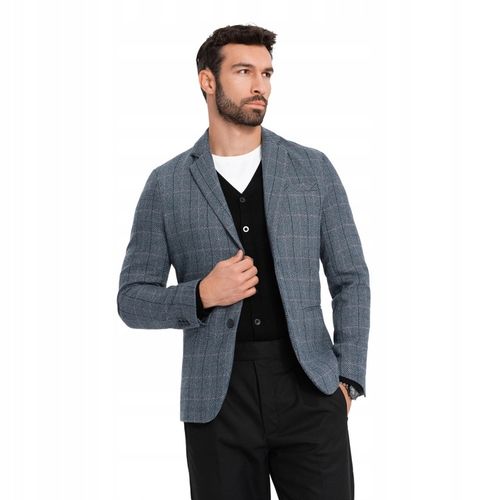 Żakardowa marynarka męska w delikatną kratę grafitowa V1 OM-BLZB-0119 M na Arena.pl