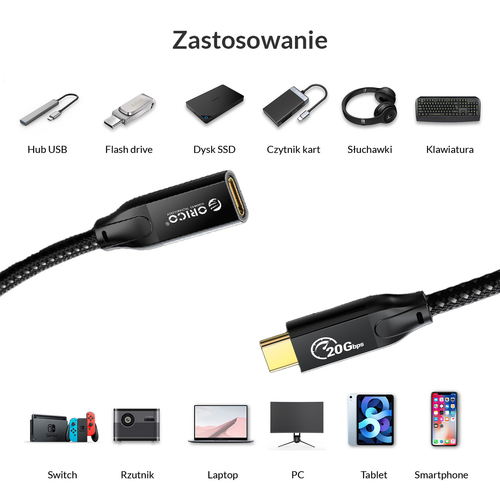 Orico Przedłużacz USB-C 3.2 20Gbps, 4K, 100W, 1m na Arena.pl