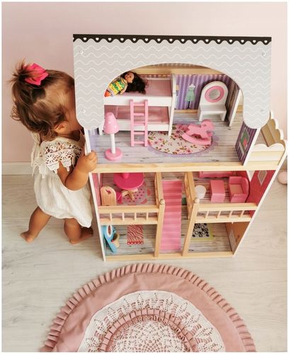 Domek dla Lalek Drewniany Duży Oświetlenie LED Mebelki 3 Poziomy - XL 90cm na Arena.pl