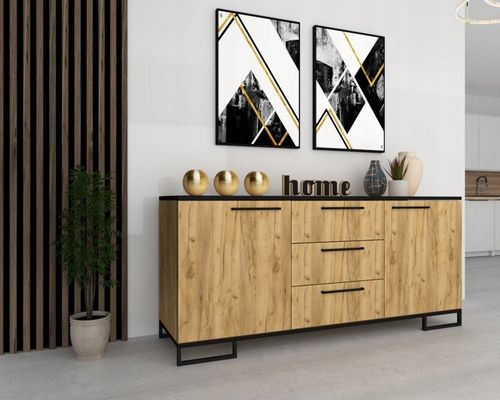 Komoda do salonu Szafka RTV z Szufladami Dąb Craft Złoty Czarna 150 na Arena.pl