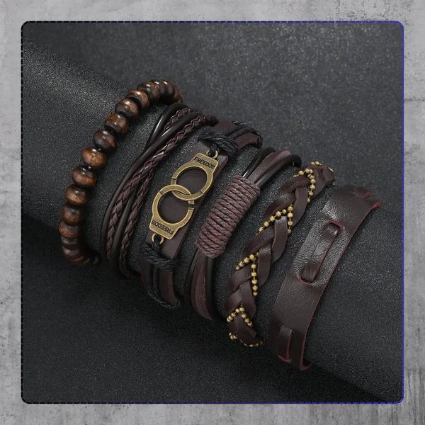 Zestaw 6 brązowych męskich bransoletek plecionych skórzanych zdjęcie 9