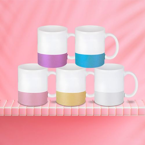 Biały kubek GLITTER z Twoim nadrukiem srebrny pasek na Arena.pl