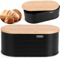 CZARNY CHLEBAK metalowy z BAMBUSOWĄ DESKĄ DO KROJENIA drewniana