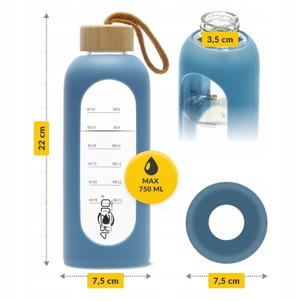 BUTELKA SZKLANA NA WODĘ BIDON MOTYWACYJNA SZCZELNA SILIKONOWE ETUI 750 ML zdjęcie 2