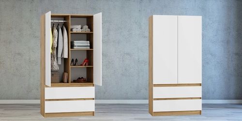 SZAFA DĄB WOTAN BIAŁA GARDEROBA DUŻA NA UBRANIA OTWIERANA 2 SZUFLADY na Arena.pl