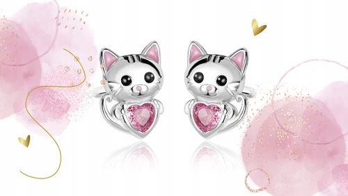 Kolczyki Srebrne Dla Dziewczynki Rodowane Kotki Srebro 925 Sztyfty Serce na Arena.pl