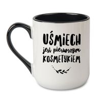 KUBEK „UŚMIECH JEST PIERWSZYM KOSMETYKIEM” Wzór - Elegant Coffee Czarny 330 ml