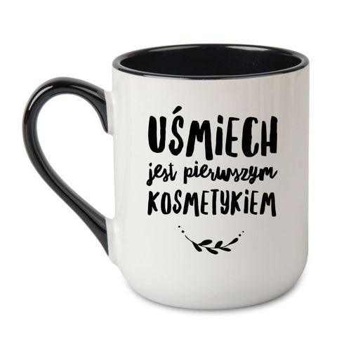 KUBEK „UŚMIECH JEST PIERWSZYM KOSMETYKIEM” Wzór - Elegant Coffee Czarny 330 ml na Arena.pl