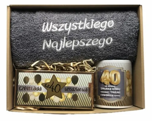PREZENT NA URODZINY 18-70 Zestaw Kosz Prezentowy Ręcznik Kubek Czekolada na Arena.pl
