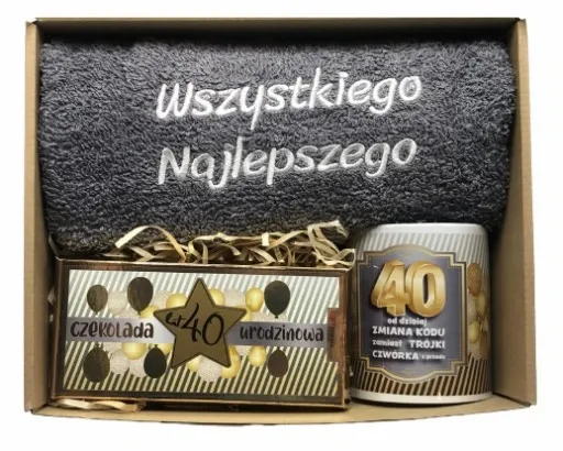 PREZENT NA URODZINY 18-70 Zestaw Kosz Prezentowy Ręcznik Kubek Czekolada zdjęcie 4