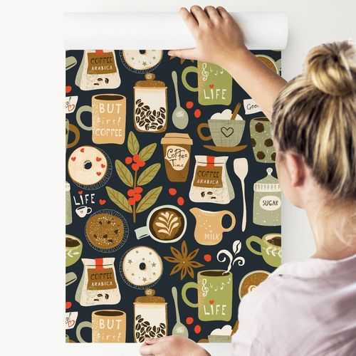 Tapeta Ścienna Ziarna Kawy LIŚCIE Filiżanki Napisy na Arena.pl
