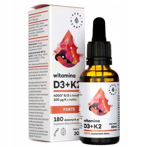 WITAMINA D3 4000 IU FORTE + K2 MK7 100mcg AURA HERBALS W KROPLACH Odporność na Arena.pl